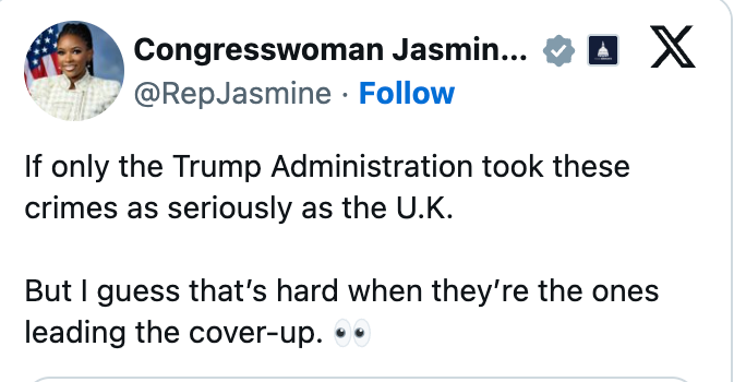 Tweet av kongresskvinne som stiller spørsmål ved Trump-administrasjonens alvorlighetsgrad angående forbrytelser, foreslår en dekning og sammenligner responsen med Storbritannia