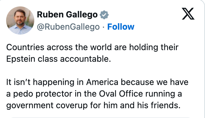 Tweet av Ruben Gallego kritiserer manglende ansvarlighet i den amerikanske regjeringen og anklager Oval Office for å beskytte lovbrytere