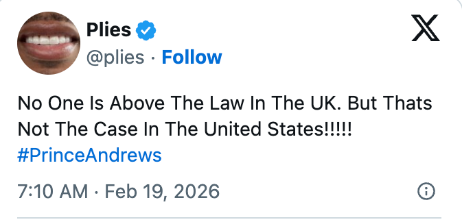 Tweet kritiserer juridisk likestilling i USA sammenlignet med Storbritannia, og nevner #PrinceAndrews