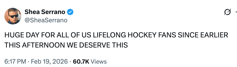 Tweet av Shea Serrano som uttrykker begeistring over en viktig begivenhet for hockeyfans