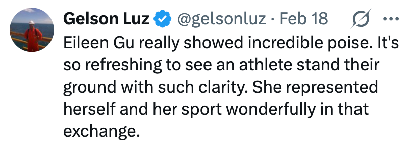 Tweet som berømmer Eileen Gu for hennes balanse og klarhet, og fremhever hennes utmerkede representasjon av seg selv og sporten sin