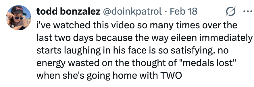 Tweet om å se en video gjentatte ganger der Eileen ler, føler seg fornøyd, fokuserer på at hun vinner to medaljer
