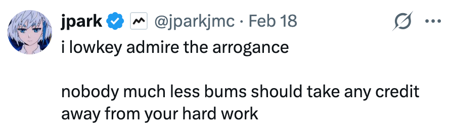 Tweet av brukeren som berømmer hardt arbeid og sier ingen, spesielt «bums»," skal ta æren av det