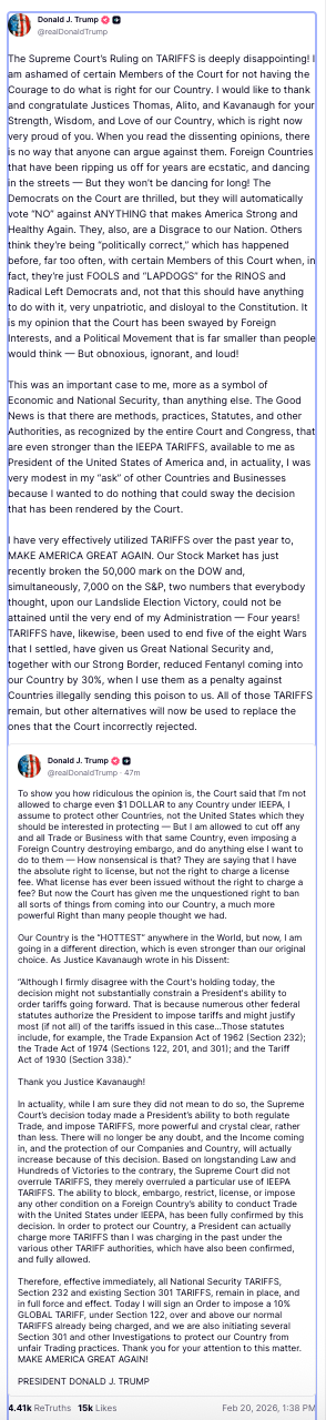 Sammendrag av et Facebook-innlegg av Donald J. Trump som uttrykker skuffelse over en høyesterettsavgjørelse om tariffer, og nevner rettslige prosesser og bekymringer om nasjonal sikkerhet