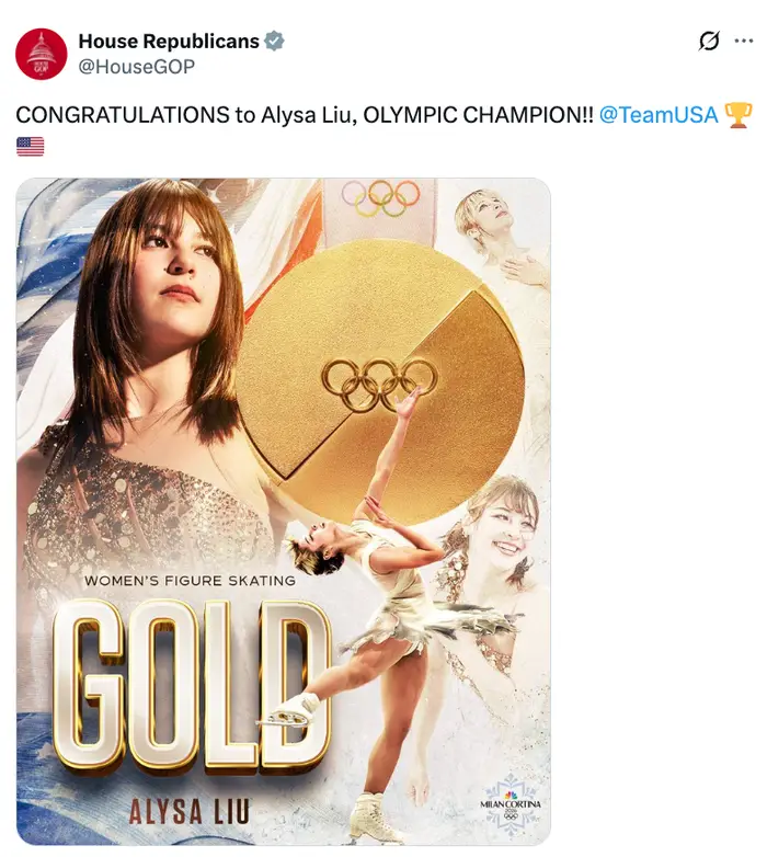 Collage som feirer Alysa Lius olympiske gull i kunstløp for kvinner, med Liu-skøyter og olympiske symboler. Tekst: "GULL, Alysa Liu."