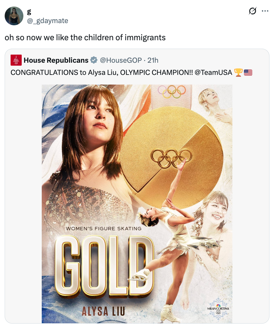 Tweet som viser et gratulasjonsinnlegg fra House Republicans til Alysa Liu, olympisk mester i kunstløp, med bilder av skøytingen hennes og et gulltema