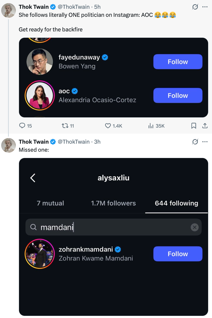 En tweet bemerker humoristisk Alexandria Ocasio-Cortez som den eneste politikeren som ble fulgt på Instagram, med et ekstra skjermbilde av Zohran Kwame Mamdanis profil
