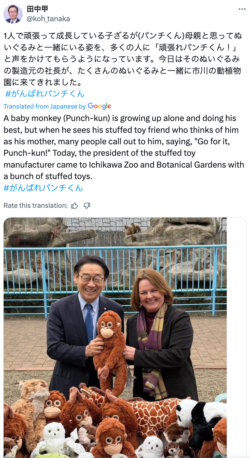 En person som holder en utstoppet apekeke poserer med en annen person utendørs. Flere lignende leker vises på bakken foran dem. Tekst på japansk