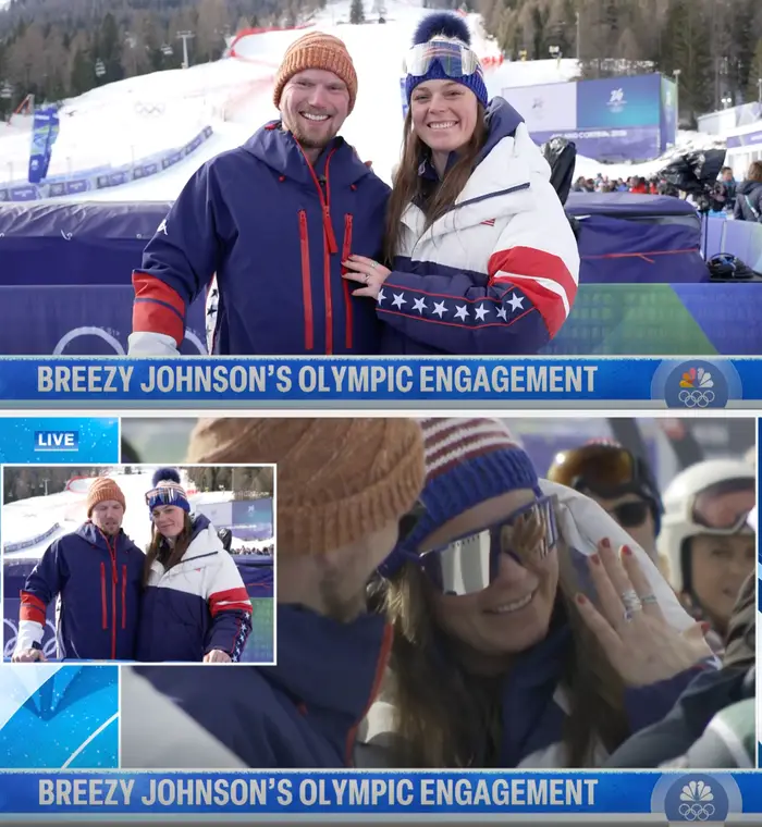 To personer som smiler på et snødekt skiarrangement. Kvinnen har en forlovelsesring. Teksten lyder: 