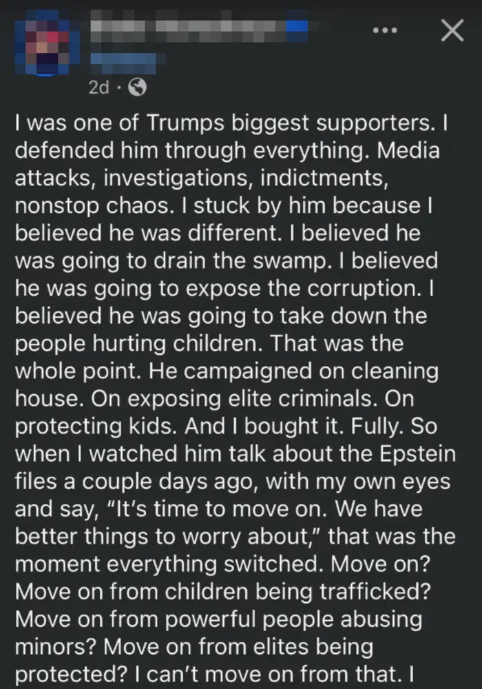 Et innlegg i sosiale medier fra Blake Humphreys som uttrykker beklagelse over å ha støttet Trump tidligere, og siterer spørsmål som korrupsjon og beskyttelse av elitekriminelle