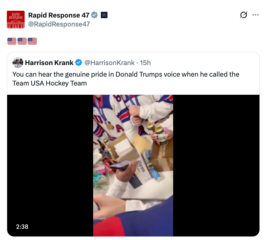Skjermbilde av en tweet med en video som viser folk i hockeydrakter. Tweeten nevner stoltheten over Donald Trumps stemme når han ringer Team USA Hockey