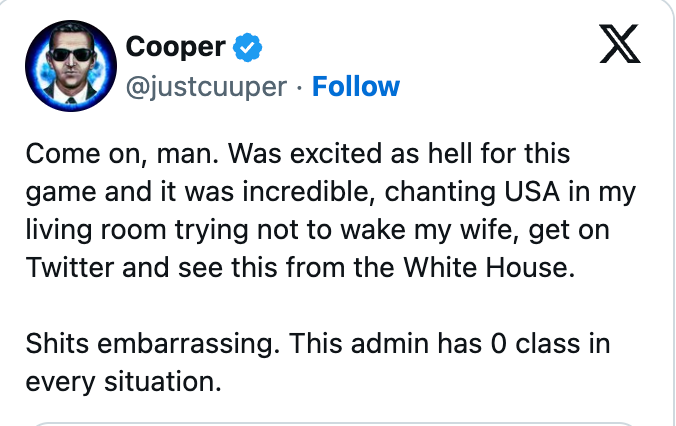 Tweet av @justcuuper som kritiserer Det hvite hus for å mangle klasse, uttrykke begeistring for et spill og holde seg stille for å unngå å vekke kona