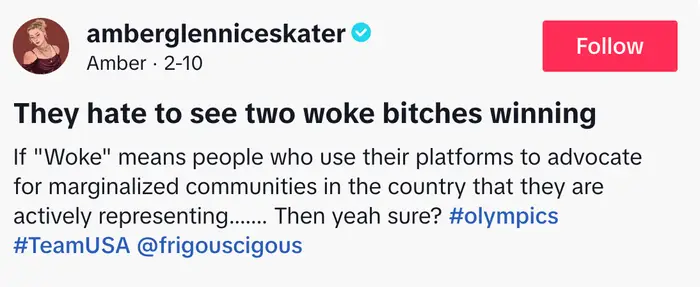 Innlegg på sosiale medier av amberglenniceskater som diskuterer forkjemper, med hashtags #olympics, #TeamUSA, og refererer til marginaliserte samfunn