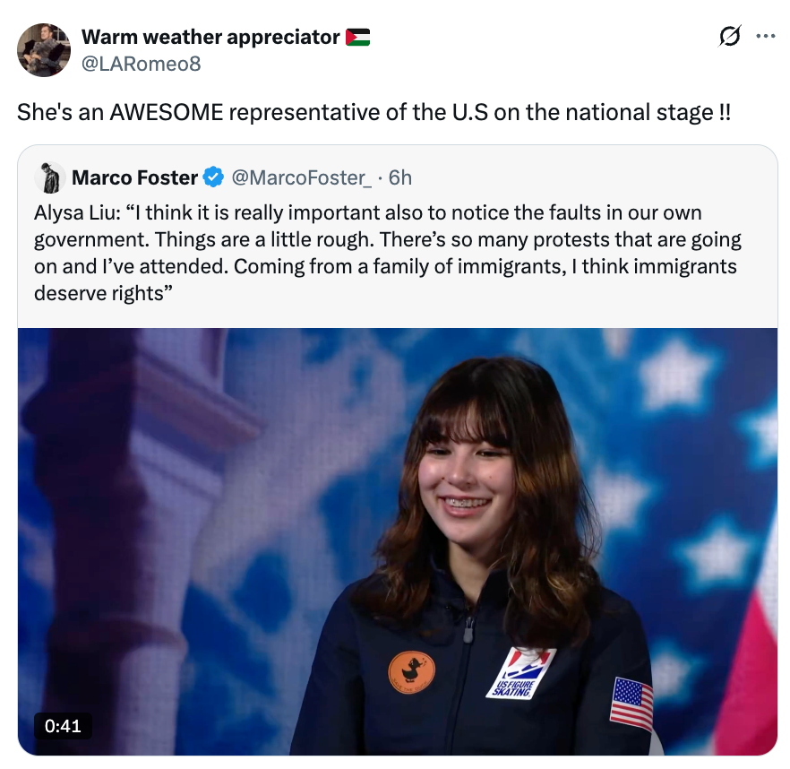 Tweet fremhever et sitat fra Alysa Liu om viktigheten av å erkjenne regjeringens feil og innvandrerrettigheter