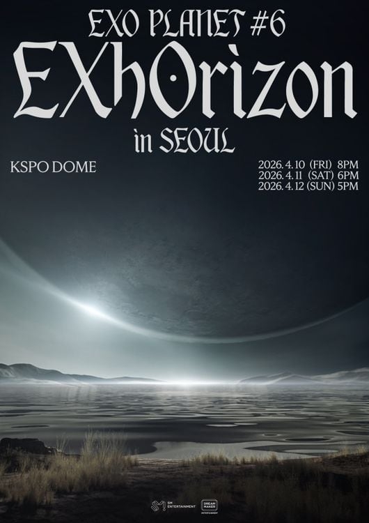 Plakat for EXO Planet #6 EXO'rDIUM i Seoul, med konsertdatoer: 10. april kl. 20.00, 11. april kl. 18.00, 12. april kl. 17.00, holdt på KSPO Dome