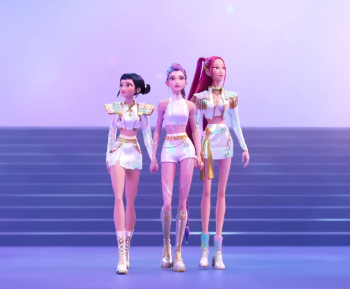 Tre animerte figurer i futuristiske antrekk og støvler står sammen på en trapp i en digital setting