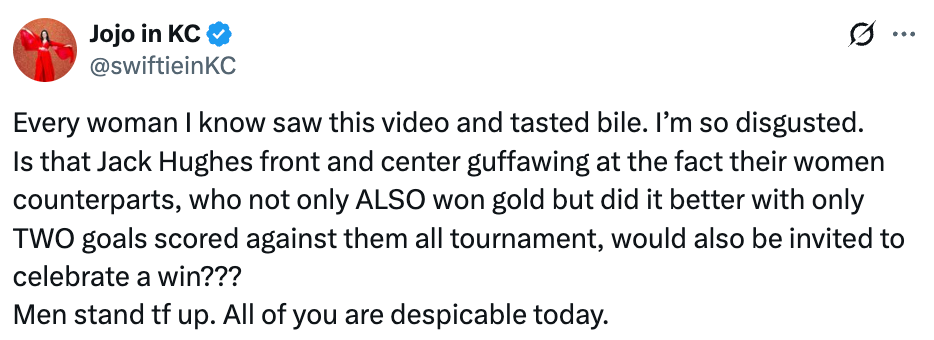 Tweet som uttrykker avsky over Jack Hughes som tilsynelatende håner kvinners prestasjoner; stiller spørsmål ved hans inkludering i en feiring