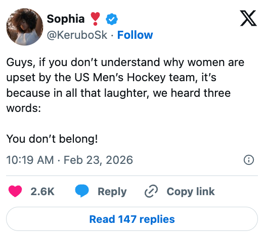 Tweet av Sophia om kjønnsinkludering og det amerikanske hockeylaget for menn, og fremhever følelser av ekskludering med uttrykket 