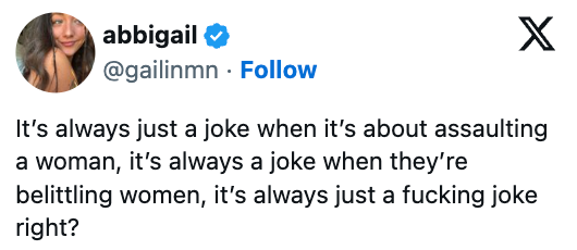 En tweet fra en bruker som uttrykker sinne over avvisende holdninger til overgrep og forringelse av kvinner