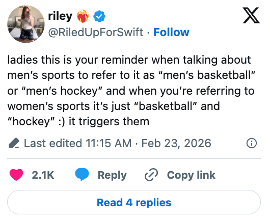 Tweet foreslår humoristisk bruk av "men's" før idretter som basketball og hockey, i motsetning til å misligholde 