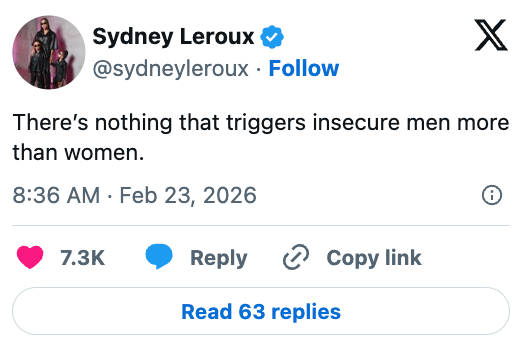 Tweet av Sydney Leroux lyder: "Det er ingenting som trigger usikre menn mer enn kvinner."