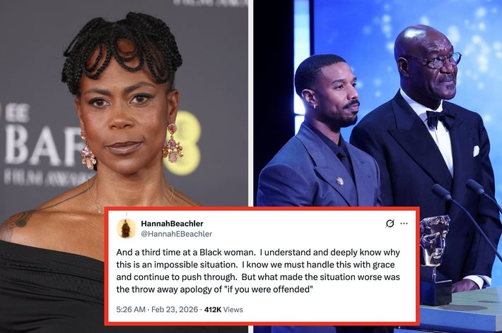 Til venstre: Hannah Beachler. Til høyre: Michael B. Jordan og Delroy Lindo på et prisutstillingspalle. Tweet fra Hannah tar for seg N-ordet som blir ropt mot BAFTA-ene