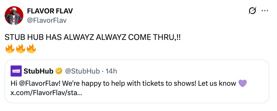 Flavour Flav berømmer StubHub for alltid å hjelpe med billetter, uttrykke takknemlighet og begeistring