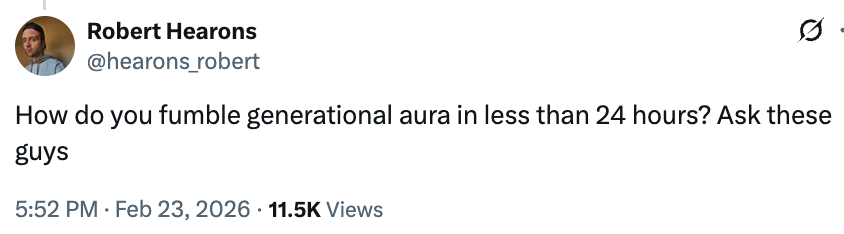 Tweet av Robert Hearons lyder: 