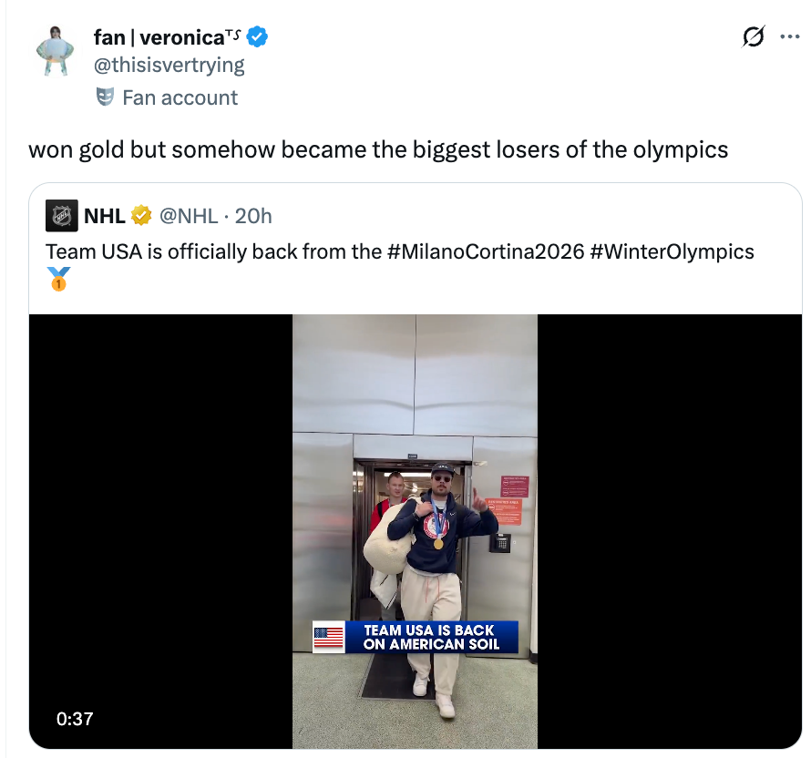 Skjermbilde av en tweet som fleiper om at Team USA vant gull, men ble kalt OLs største tapere, med et bilde av en smilende atlet