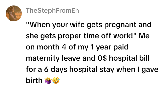 Skjermbilde av et innlegg på sosiale medier som feirer et år med betalt fødselspermisjon og $0 sykehusregning for fødsel
