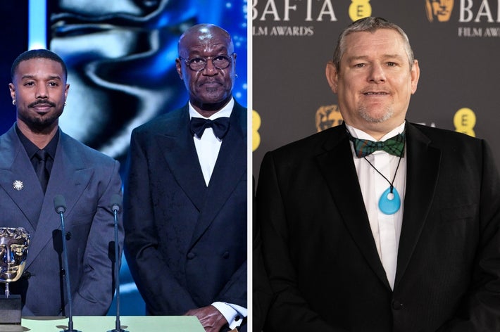 Til venstre: Michael B. Jordan og Delroy Lindo på et podium på en scene. Til høyre: John Davidson på et arrangement