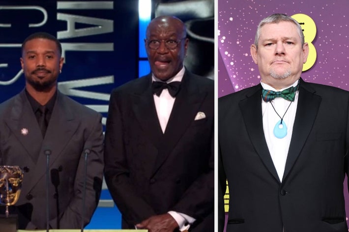 To menn i dress til stede på et arrangement, mens en annen mann i smoking står mot et bakteppe med grafikk til høyre