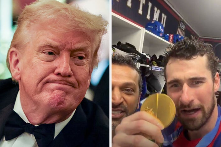 Mann i smoking, rynker på pannen. Ved siden av ham drikker en person i USA jersey av en flaske, omgitt av heiegjeng i festlig atmosfære