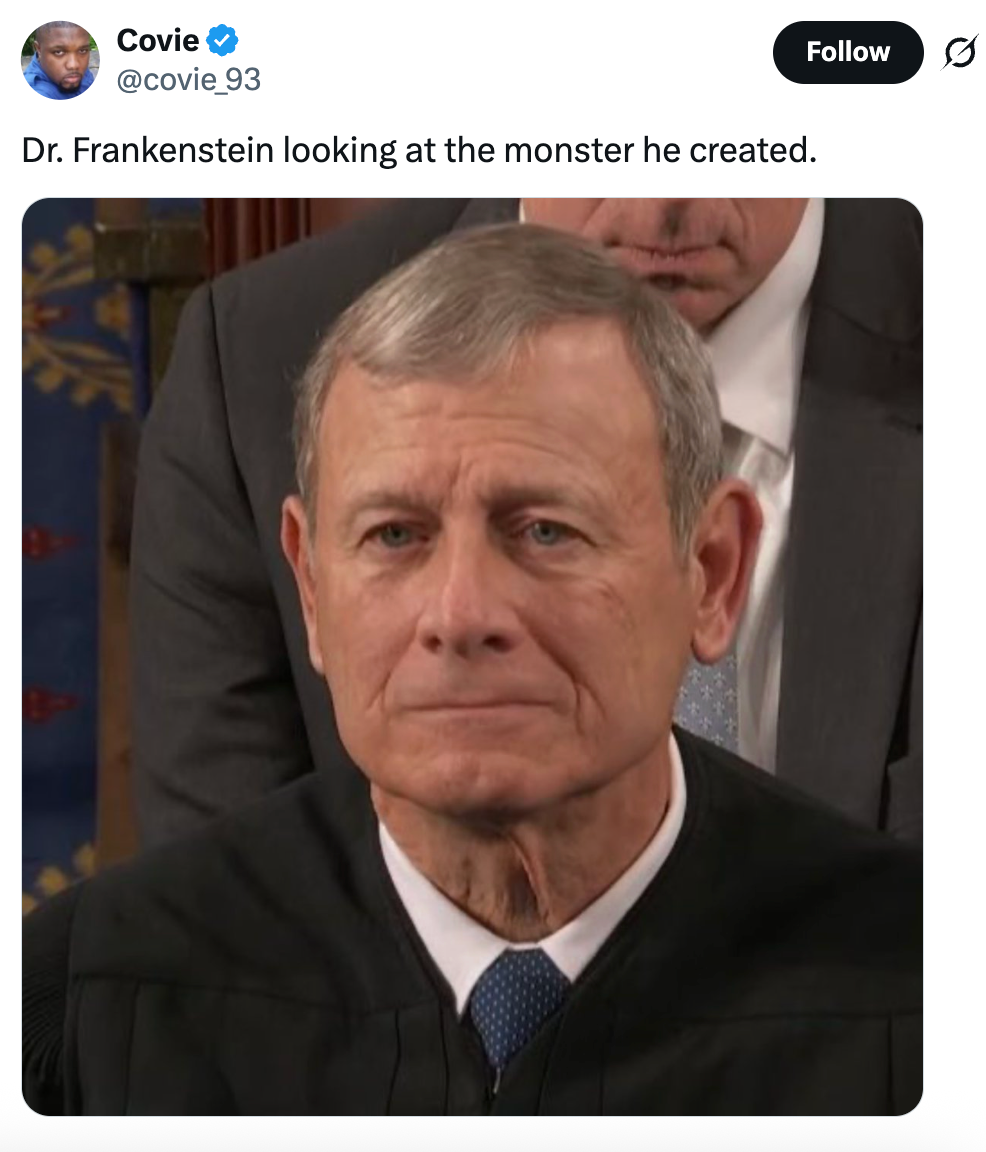 En mann i formell antrekk med et seriøst uttrykk deltar på et arrangement. Twitter-innlegg av @covie_93 ovenfor, med humoristisk bildetekst om Dr. Frankenstein