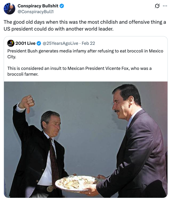 Meme av president Bush som nekter brokkoli fra den meksikanske presidenten Vicente Fox, og fremhever et lekent politisk øyeblikk