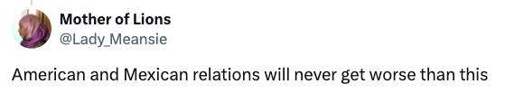 Tweet av brukeren "Mother of Lions" sier, "Amerikanske og meksikanske forhold vil aldri bli verre enn dette."