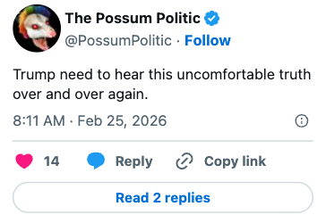 Skjermbilde av en tweet av The Possum Politic som sier: 