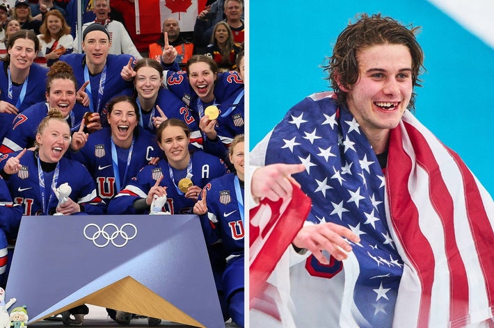 OL-utøvere feirer med medaljer; kvinners hockeylag poserer, mannlig skiløper pakket inn i amerikansk flagg smiler