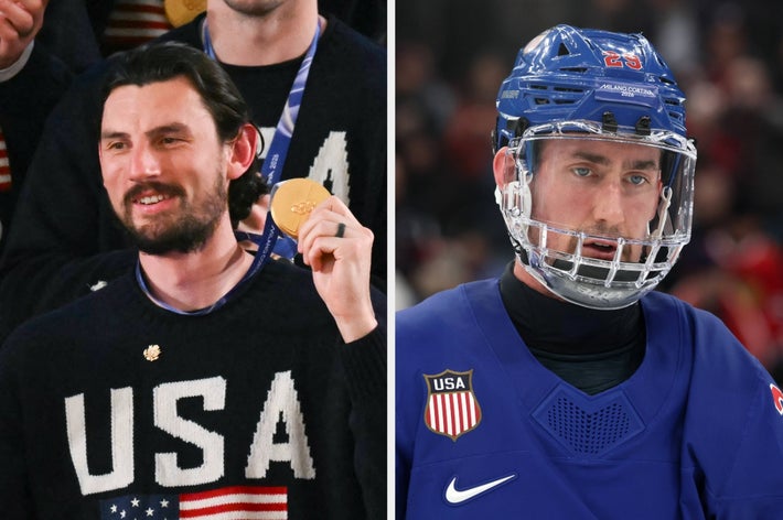 To mannlige idrettsutøvere: en har en gullmedalje, i en genser med 