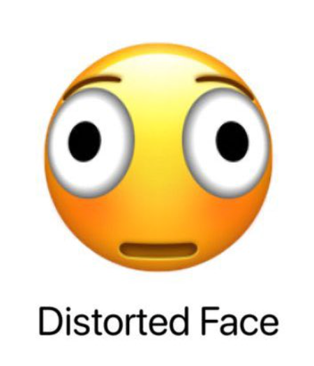 En tegneserielignende emoji med store øyne og en liten, rett munn merket