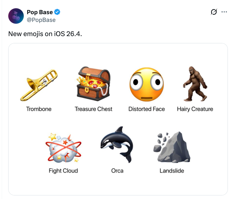 Nye emojier på iOS 26.4: trombone, skattekiste, forvrengt ansikt, hårete skapning, kampsky, spekkhugger, jordskred