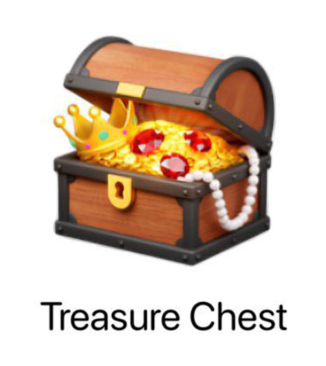 En åpen skattekiste fylt med gull, juveler, en krone og et perlekjede. Teksten lyder: Skattekiste