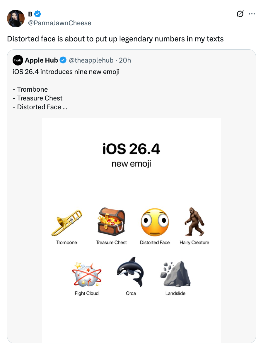 Skjermbilde av en tweet om iOS 26.4s ni nye emojier: trombone, skattekiste, forvrengt ansikt, hårete skapning, kampsky, spekkhugger, jordskred