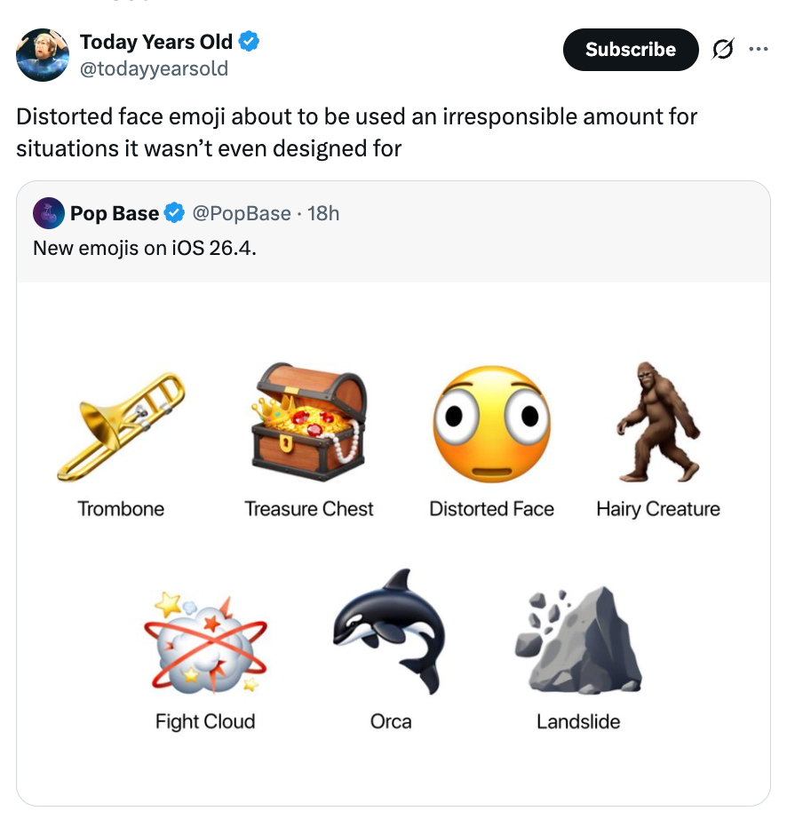 Tweet med forhåndsvisning av iOS 26.4-emojier: trombone, skattekiste, forvrengt ansikt, hårete skapning, kampsky, spekkhugger, jordskred