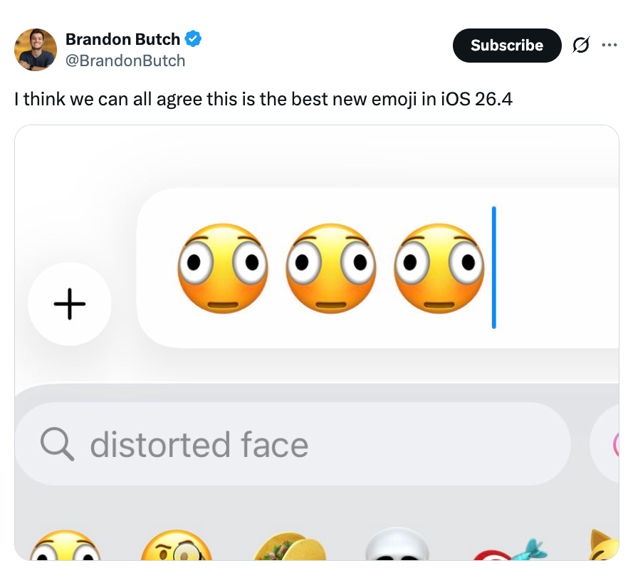 En tweet av Brandon Butch viser tre forvrengte ansikts-emojier med en teksttekst: