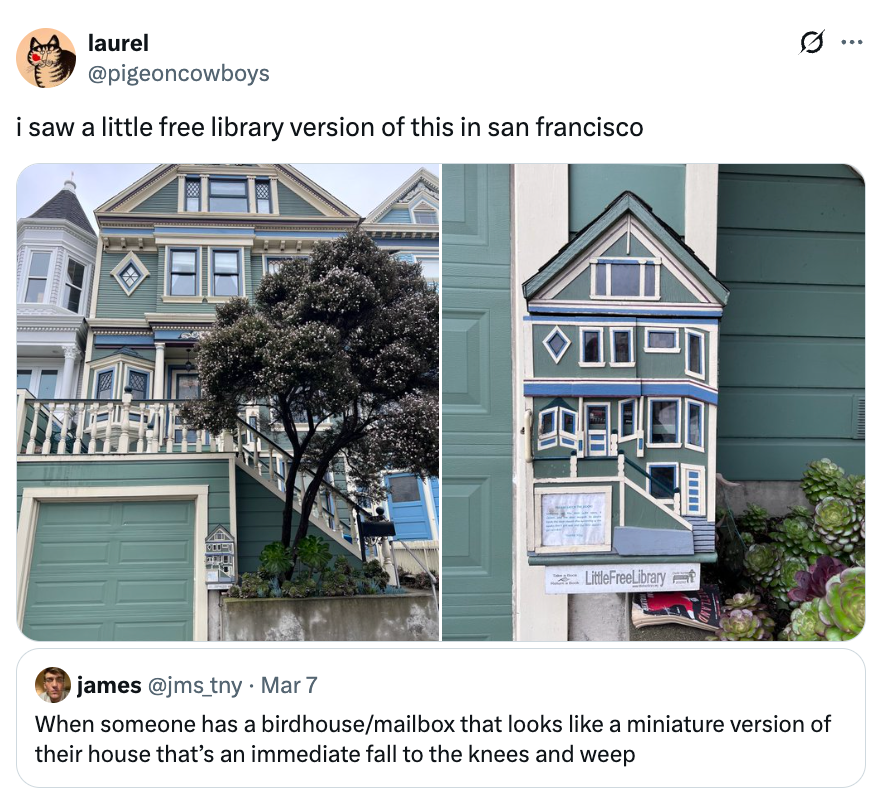 Tweet om et fuglehus designet som en miniatyrversjon av et hus i San Francisco og en kommentar som på humoristisk vis uttrykker emosjonell ærefrykt