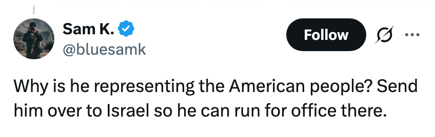 Tweet som stiller spørsmål ved noens representasjon av det amerikanske folket, foreslår å stille til valg i Israel i stedet