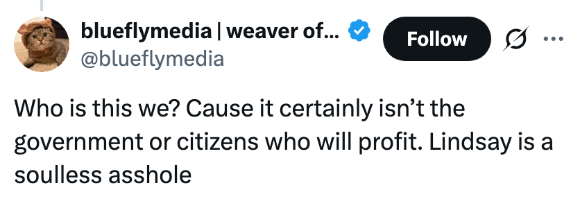 Tweet som kritiserer Lindsay, stiller spørsmål ved hvem som drar nytte av en bestemt avgjørelse, og antyder at det ikke er myndighetene eller innbyggerne