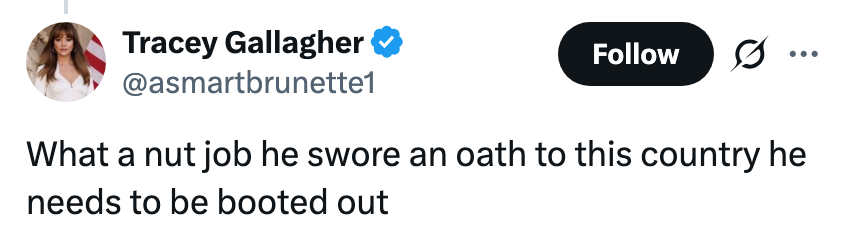 Tweet av Tracey Gallagher som kritiserer noen som sverget en ed til landet