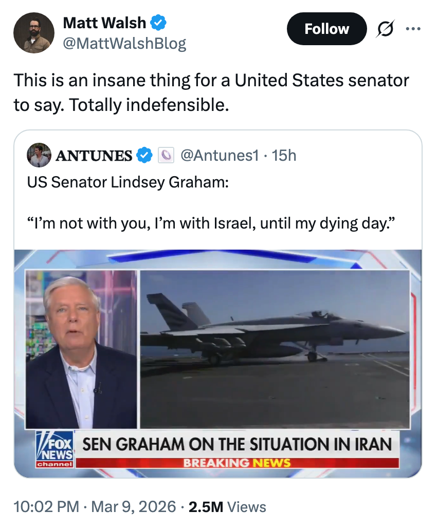 Tweet av Matt Walsh som deler ANTUNES1s innlegg med et Fox News-skjermbilde av senator Lindsey Graham som støtter Israel midt i Irans spenninger